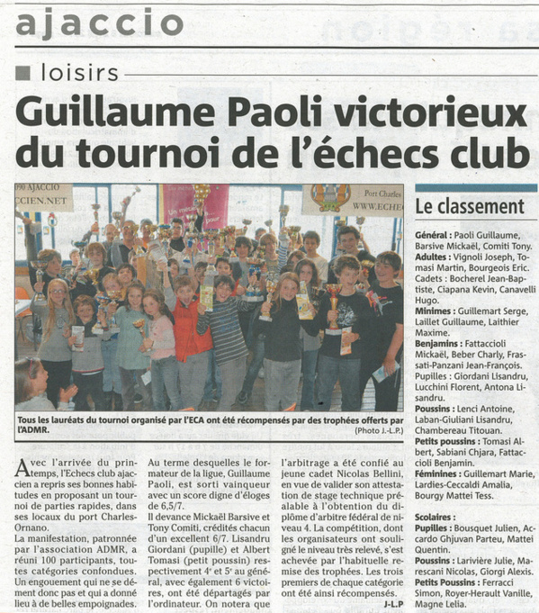 Guillaume Paoli victorieux du tournoi de l'échecs club